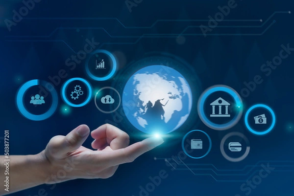 Fototapeta Businessman touches virtual screen technology to do online transactions via internet Connect data to the world. concept of global data connection by internet technology, big data system.