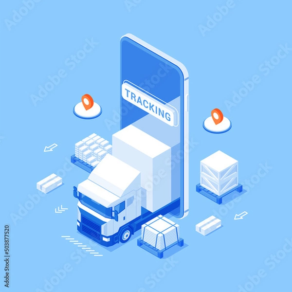 Fototapeta Logistic transportation online tracking smartphone app isometric banner vector illustration. Cargo truck delivery internet navigation smart location route distribution global positioning system