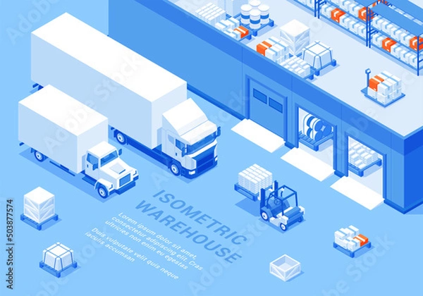 Fototapeta Warehouse cargo pallet storage truck transportation isometric banner with place for text vector illustration. Large storehouse building with forklift export import goods delivery distribution promo