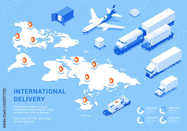 Fototapeta International delivery transportation global map location isometric banner vector illustration. World logistic network air cargo trucking rail maritime shipping. Import export service