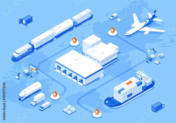 Fototapeta Logistic map delivery way international shipment air truck maritime train isometric vector illustration. Global cargo transportation import export distribution information banner automation technology