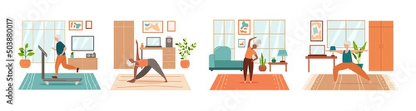 Fototapeta Elderly people do yoga at home. Sports at any age. A set of rooms and people in different poses. Banners