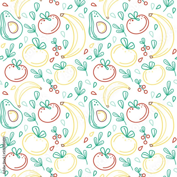 Fototapeta Fruit line pattern. Bananas, avocados and leaves. Seamless vector flat pattern. Transparent elements