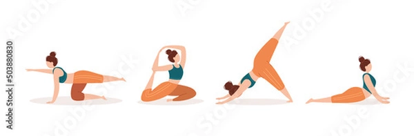 Fototapeta A girl in different yoga poses. Sports and yoga at home. A set of flat people on a white background.