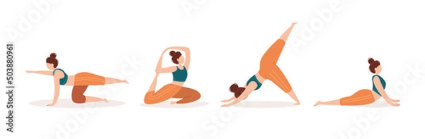 Fototapeta A girl in different yoga poses. Sports and yoga at home. A set of flat people on a white background.