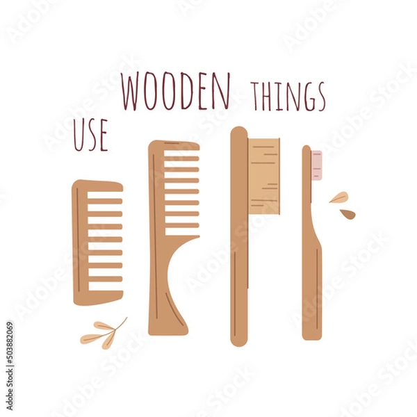 Fototapeta Use wooden things. A banner on the topic of zero waste and the use of reusable and eco-friendly things. No plastic
