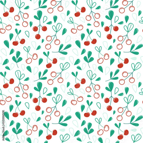 Obraz Cherry line seamless pattern. Fruit vector flat pattern. Red and green objects, leaves, berries. Spring and summer design