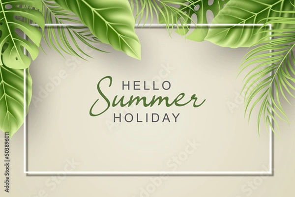 Fototapeta Summer background with realistic tropical leaves