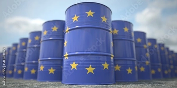 Fototapeta Many barrels with flag of the European Union. Oil or chemical industry supply related 3D rendering