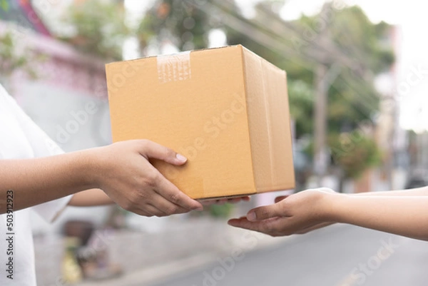 Fototapeta Postal service sending paper cardboard box to customer in front of a house outdoor. Shipping service arrival and send to customer address.