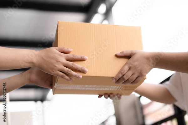 Fototapeta Postal service sending paper cardboard box to customer in front of a house outdoor. Shipping service arrival and send to customer address.