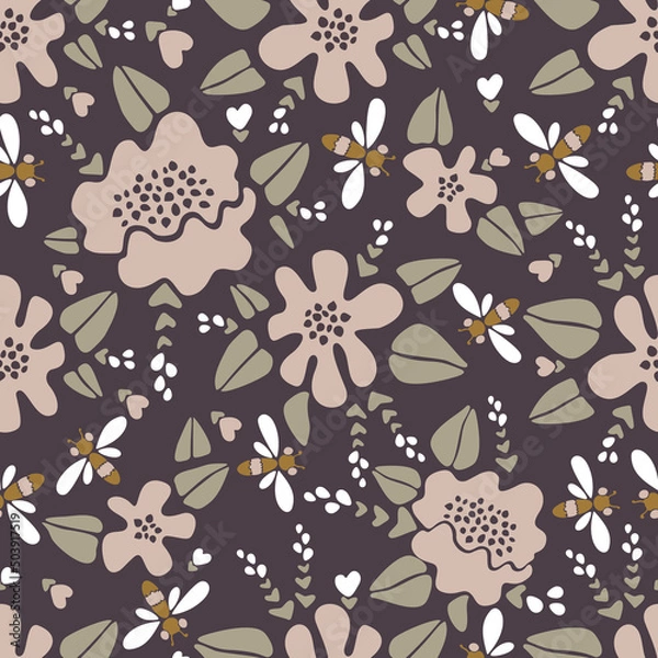 Fototapeta Modern floral pattern vector pattern, big flowers and small flowers in pink and white, dragonflies, bees on brown background. Seamless pattern set in a minimalist style. Modern design for paper.