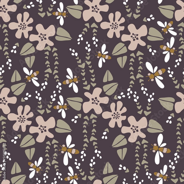 Fototapeta Modern floral pattern vector pattern, big flowers and small flowers in pink and white, dragonflies, bees on brown background. Seamless pattern set in a minimalist style. Design for paper, textile
