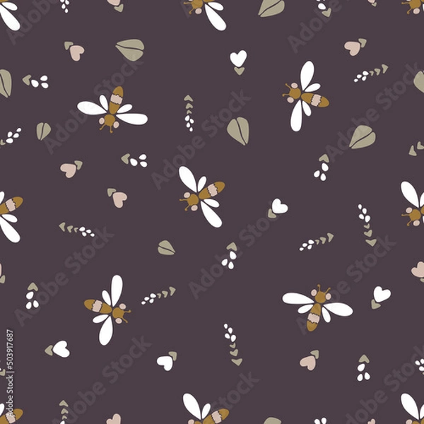 Fototapeta Modern vector floral pattern, small flowers, dragonflies, butterflies, insects with wings on a brown background. Seamless pattern in a minimalist style. Modern design for paper, textile