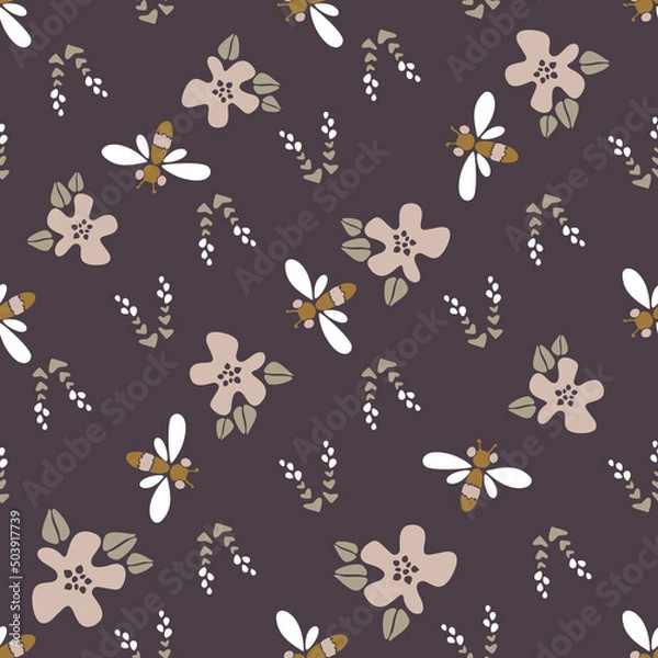 Fototapeta Modern floral pattern vector pattern, big flowers and small flowers in pink and white, dragonflies, bees on brown background. Seamless pattern set in a minimalist style. Modern design for paper.