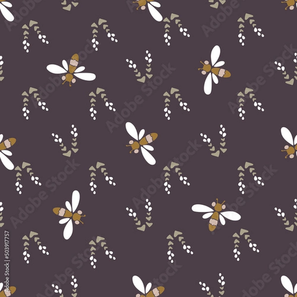 Fototapeta Modern vector floral pattern, small flowers, dragonflies, butterflies, insects with wings on a brown background. Seamless pattern in a minimalist style for paper, textile