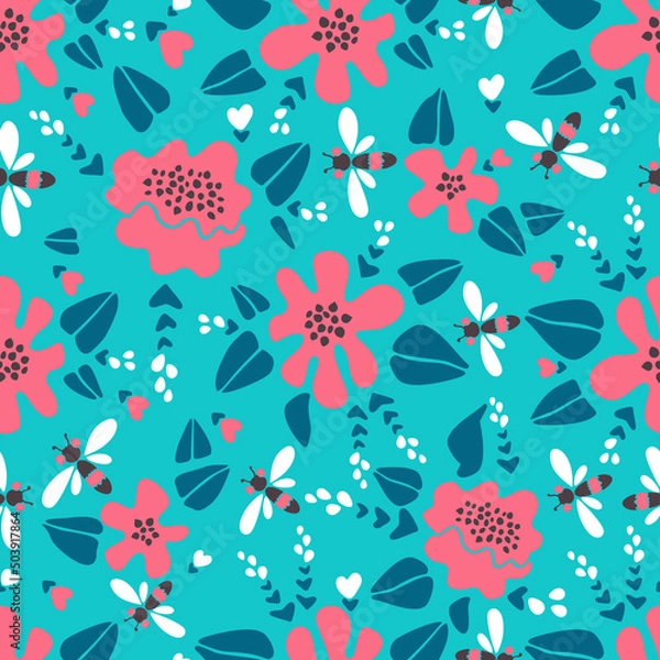 Fototapeta Modern vector floral seamless pattern, large flowers flowers in coral and white colors, dragonflies, flying insects on a turquoise background. Seamless in a minimalist style for paper, textile