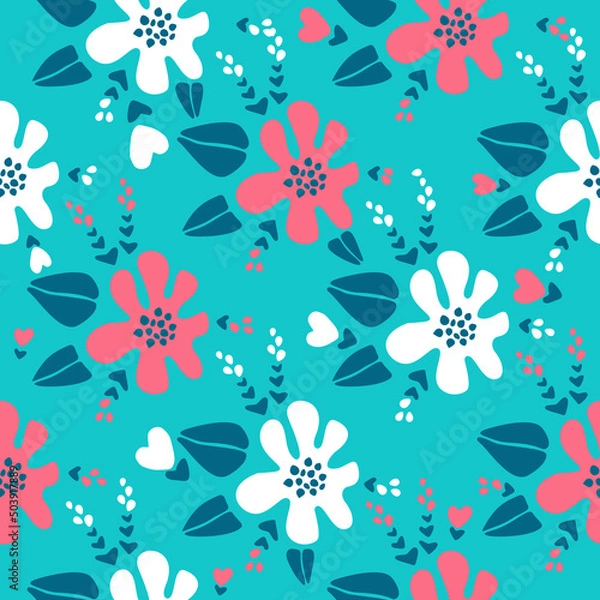 Fototapeta Modern vector floral seamless pattern, large flowers flowers in coral and white colors, dragonflies, flying insects on a turquoise background. Seamless in a minimalist style for paper, textile.