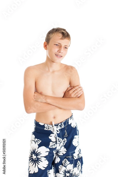 Obraz Портрет парня в плавках. Парень скрестил руки на груди.