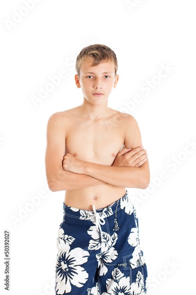 Obraz Портрет парня в плавках. Парень скрестил руки на груди.