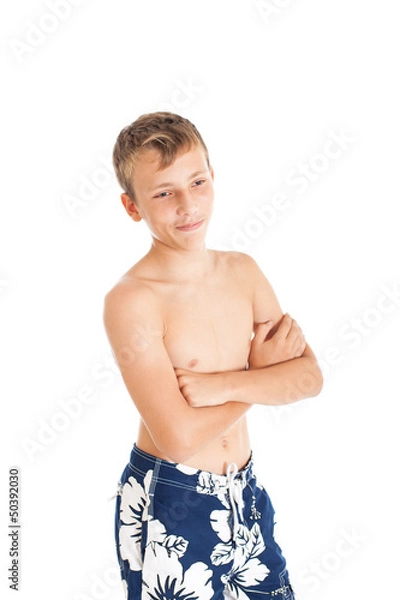 Obraz Портрет парня в плавках. Парень скрестил руки на груди.