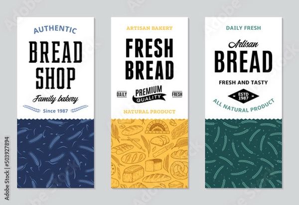 Fototapeta Bread labels in modern style. Bread and packaging design templates for baked goods, bakery branding and identity. Vector bakery illustrations and patterns