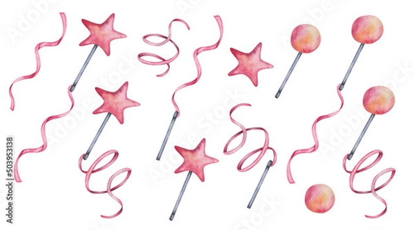 Fototapeta Watercolor illustration of hand painted pink, orange lollipop candy, sweets for children in the form of star and round. Sticks with laces for gymnastics. Isolated clip art elements for cards, patterns
