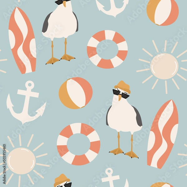 Fototapeta cute cartoon abstract seamless vector pattern background illustration with seagull character, anchor, surfboard, sun and other colorful summertime elements