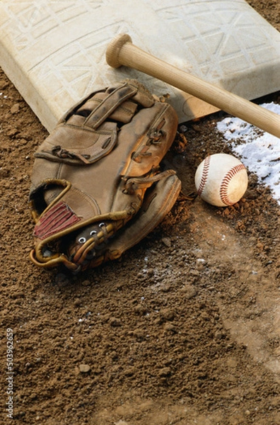 Obraz Baseball, Glove with Bat and Base