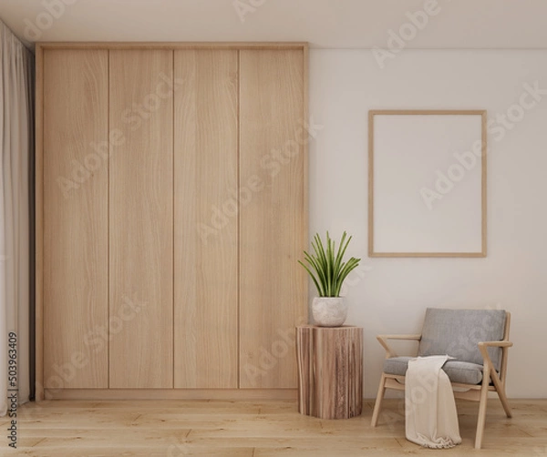 Fototapeta Modern minimal scandinavian living room interior with wood built-in cabinet,wooden floor,wooden grey armchair,wooden empty frame,wooden side table,green plant and fabric in 3d rendering.