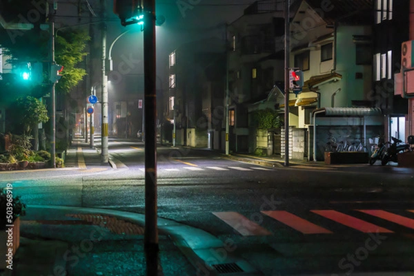 Fototapeta Green traffic light in mist over empty intersection and sidewalk at night