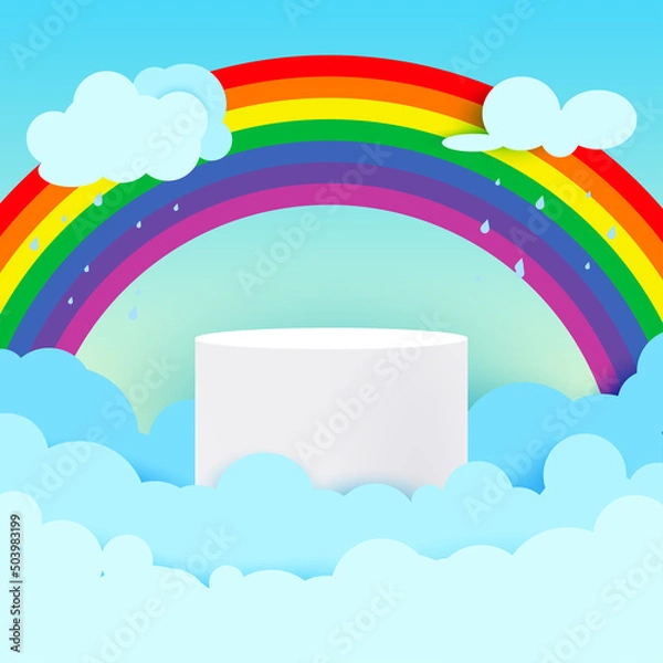 Fototapeta Monsoon theme product display podium. surrounded with clouds, rainbow and raining drops on blue sky background.