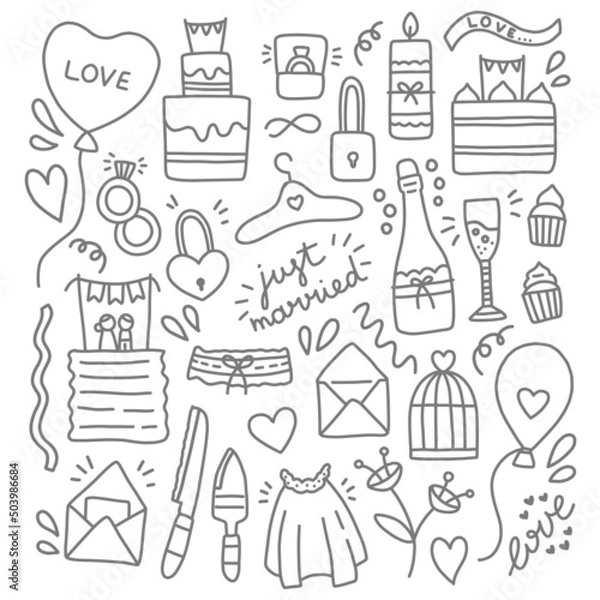 Obraz Wedding objects doodle black and white vector