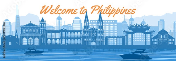 Fototapeta philippines famous landmark silhouette style behind river and boat and in front of towers,vector illustration