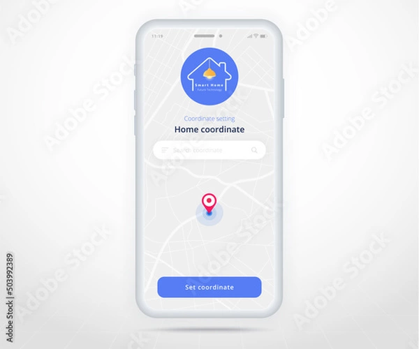 Fototapeta Smartphone smart home map gps search controlled app UX UI, IOT Internet of things technology, Home coordinate, Digital future home automation tech, smart devices application phone, vector illustration