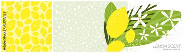 Obraz Lemon seamless pattern and citrus fruit, leaves, flowers and spray drops clipart for essential oil or scented product packaging. Low contrast background and isolated vector graphic collection.