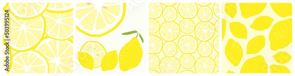 Obraz Simple lemon fruit and slice vector seamless pattern and clipart set.