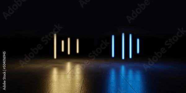 Fototapeta Blue pink-violet neon abstract background, Cosmic Sci-Fi Futuristic Purple Blue Neon Modern Laser Grunge Rough Cement Tiled Concrete Floor Triangle Shaped Lights VIbrant Electric Cyber Virtual 3D Rend