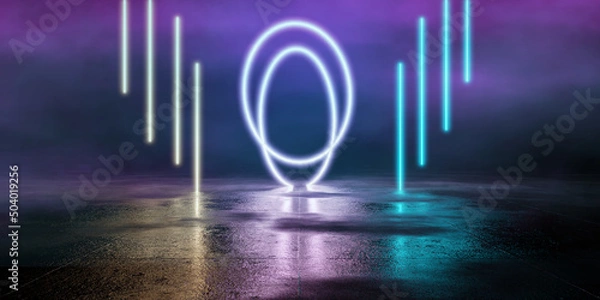 Fototapeta Blue pink-violet neon abstract background, Cosmic Sci-Fi Futuristic Purple Blue Neon Modern Laser Grunge Rough Cement Tiled Concrete Floor Triangle Shaped Lights VIbrant Electric Cyber Virtual 3D Rend