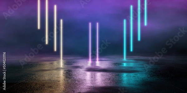 Fototapeta Blue pink-violet neon abstract background, Cosmic Sci-Fi Futuristic Purple Blue Neon Modern Laser Grunge Rough Cement Tiled Concrete Floor Triangle Shaped Lights VIbrant Electric Cyber Virtual 3D Rend