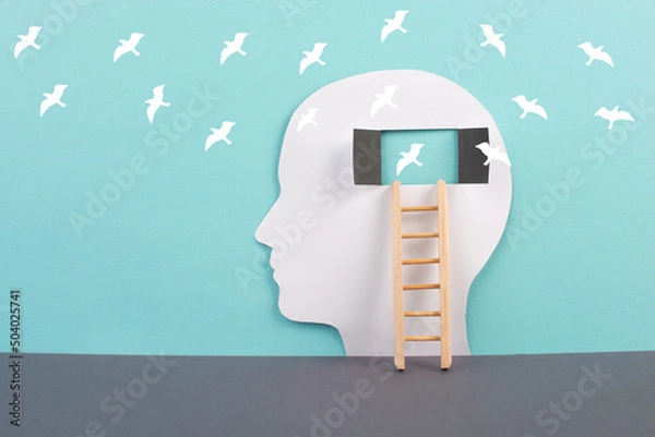 Fototapeta Silhouette of a man, window to the brain, birds flying, ladder of success, open minded, brainstorming for ideas, disorder and psychology concept