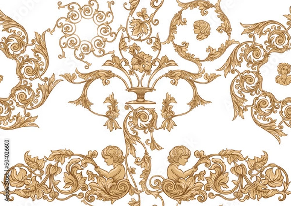 Obraz Seamless pattern, background In baroque, rococo, victorian, renaissance style. Trendy frolar vintage pattern in vintage beige colors. Vector illustration
