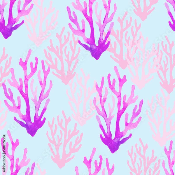 Fototapeta Seamless watercolor vector pattern with algae and jellyfish.