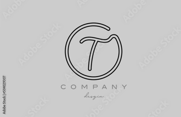 Fototapeta black and grey T alphabet letter logo icon design with line. Handwritten template for business and company