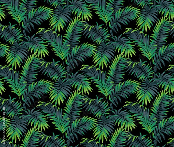Obraz Seamless pattern with tropical plants. Foliage background. Palm leaves in realistic style. Vector botanical illustration. Hawaiian summer design.
