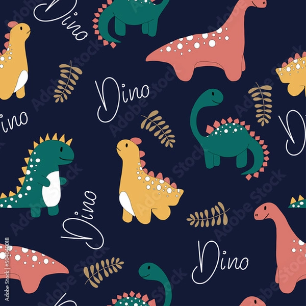 Fototapeta Colourful and bright seamless pattern with dinosaurs, leaves and lettering. 