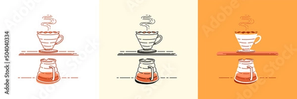 Fototapeta Set of coffee pour over illustrations. Sepia and black tones created in elegant vintage style. Vector with crosshatched lines.