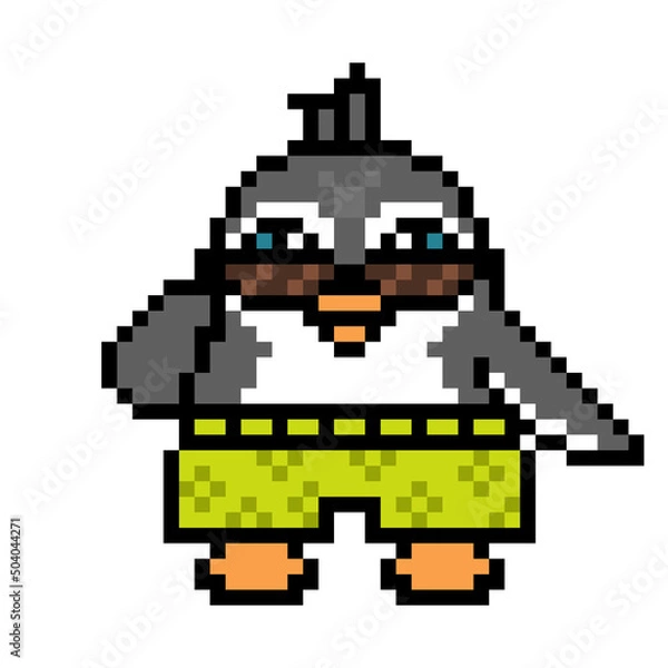 Fototapeta Penguin in sunglasses and shorts on a summer vacation, cartoon pixel art animal character isolated on white background. Old school retro 80s, 90s 8 bit slot machine, computer, video game graphics.