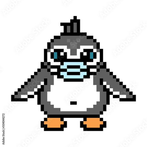 Fototapeta Penguin in medical face mask, cute cartoon pixel art animal character isolated on white background. Covid-19 protection. Old school retro 80s, 90s 8 bit slot machine, computer, video game graphics.