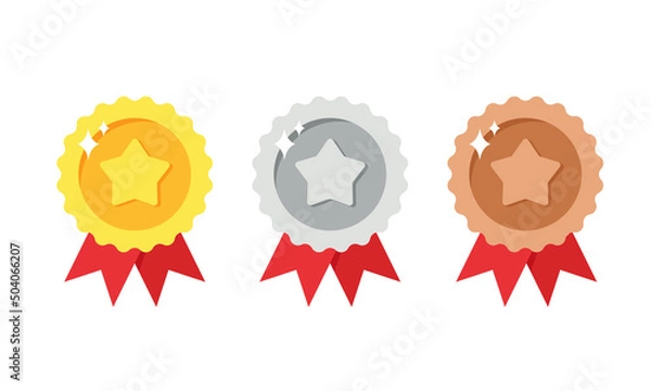 Fototapeta Flat vector illustration of gold, silver, and bronze medal with star. Suitable for design element of award medal, best prize badge, and winner symbol.